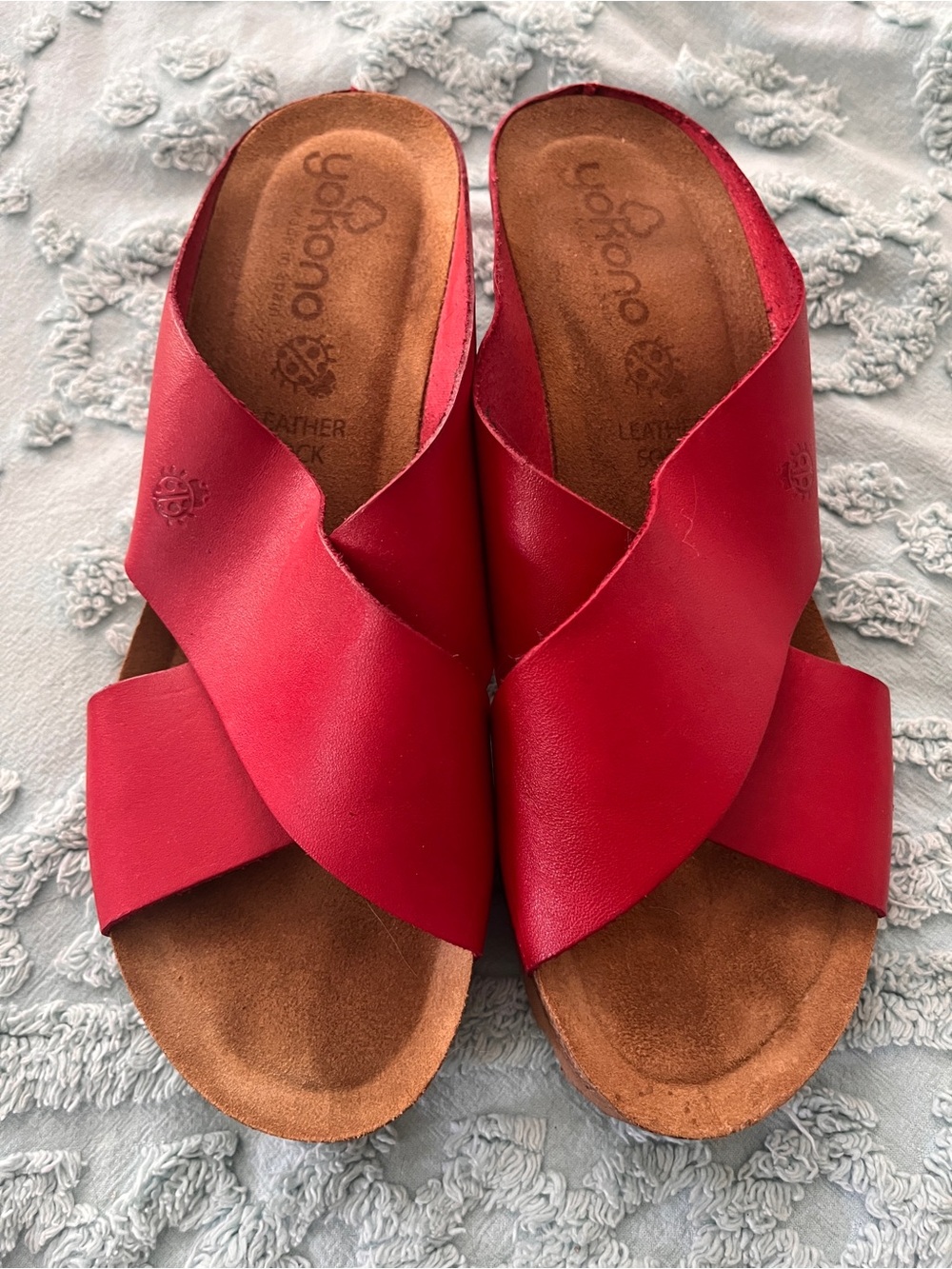 Yokono Red Leather Cross-Strap Slide Sandals